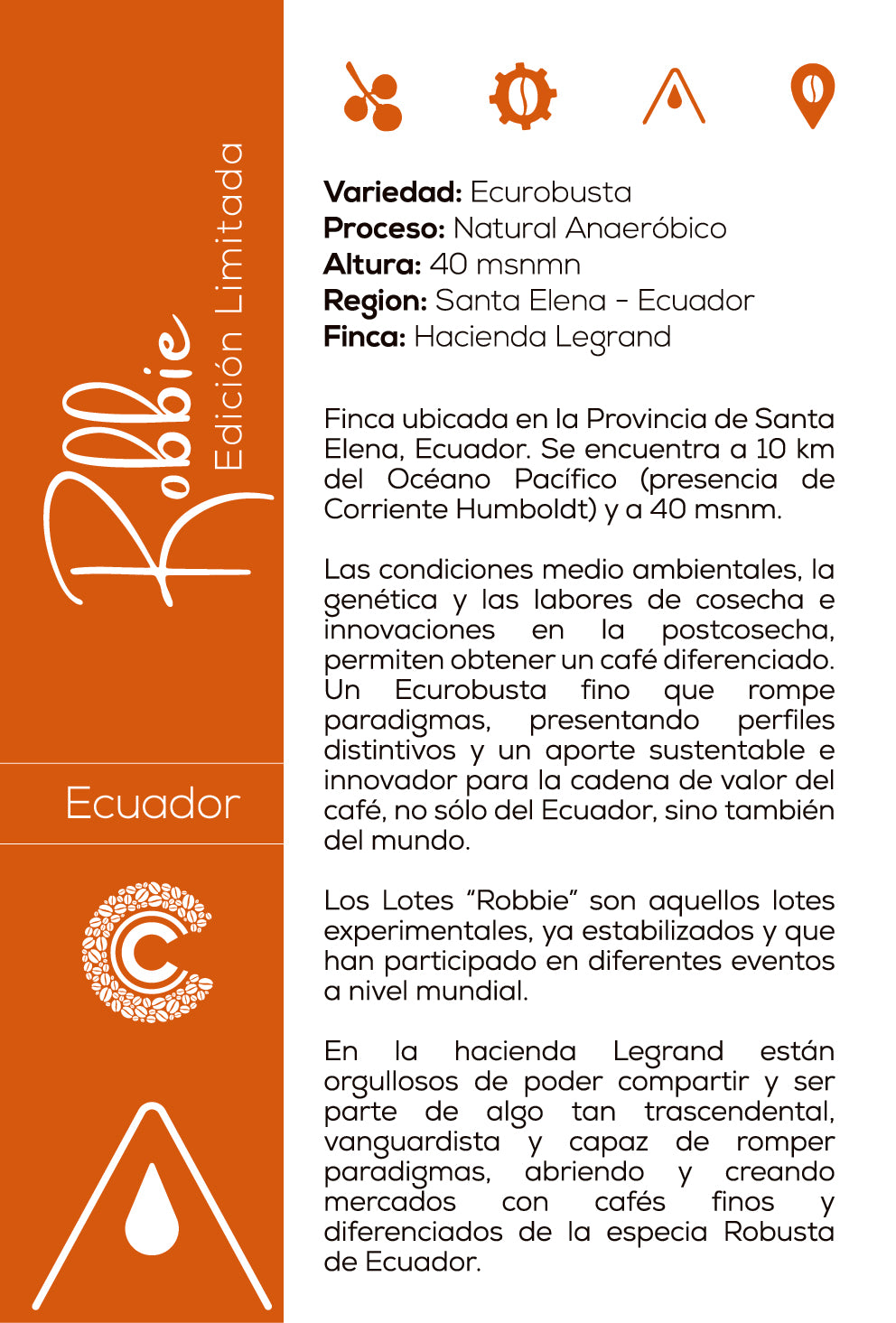 Café Ecuador · Caja Edición Limitada · Ecurobusta Robbie Fermentación Anaeróbica · Hacienda Legrand