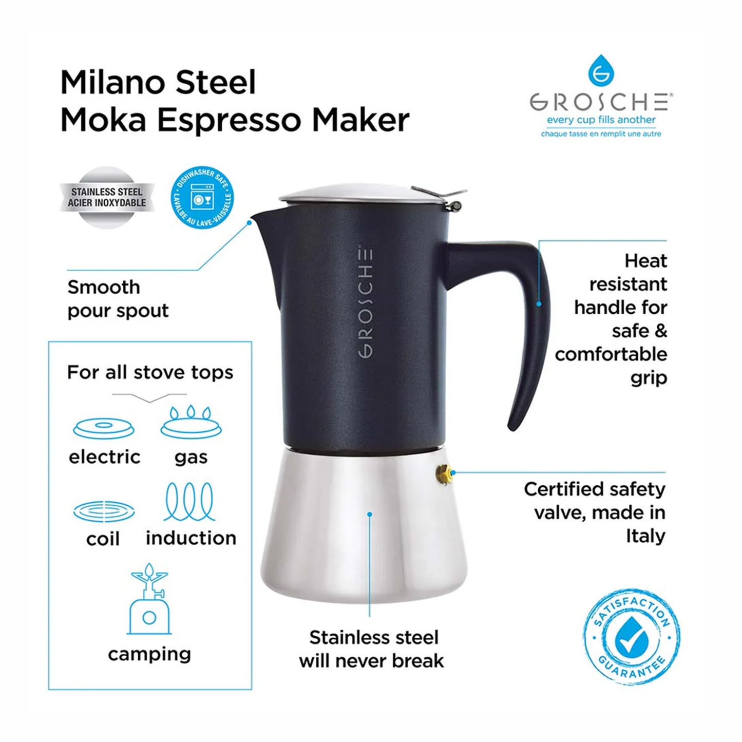 Cafetera Moka Grosche Milano Stainless Steel Black