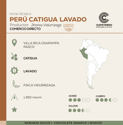 café de especialidad Perú Finca Vidurrizaga, variedad Catigua proceso lavado